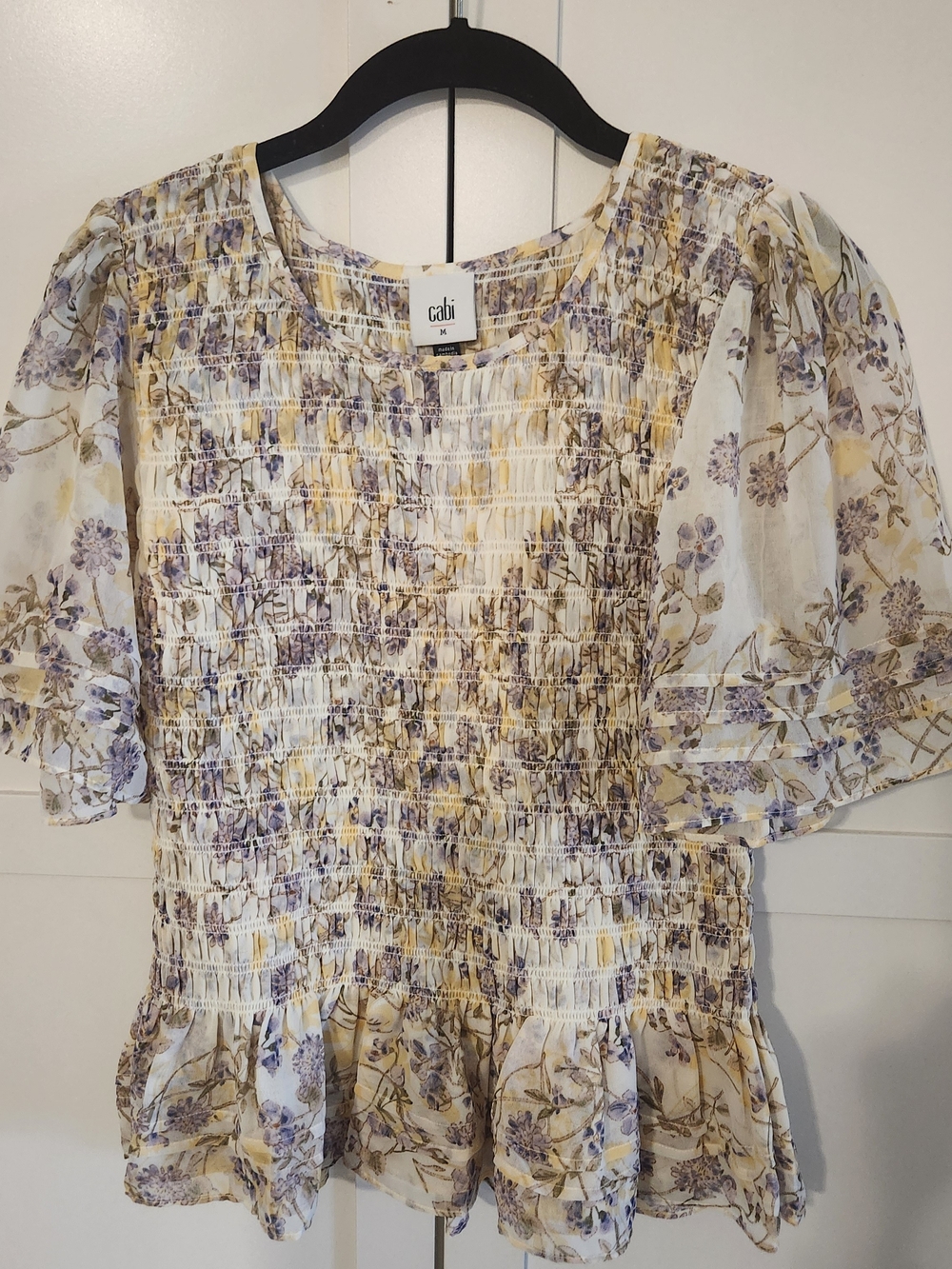 CAbi Cream Floral Smocked Peplum Top with Lavender and Yellow Accents
